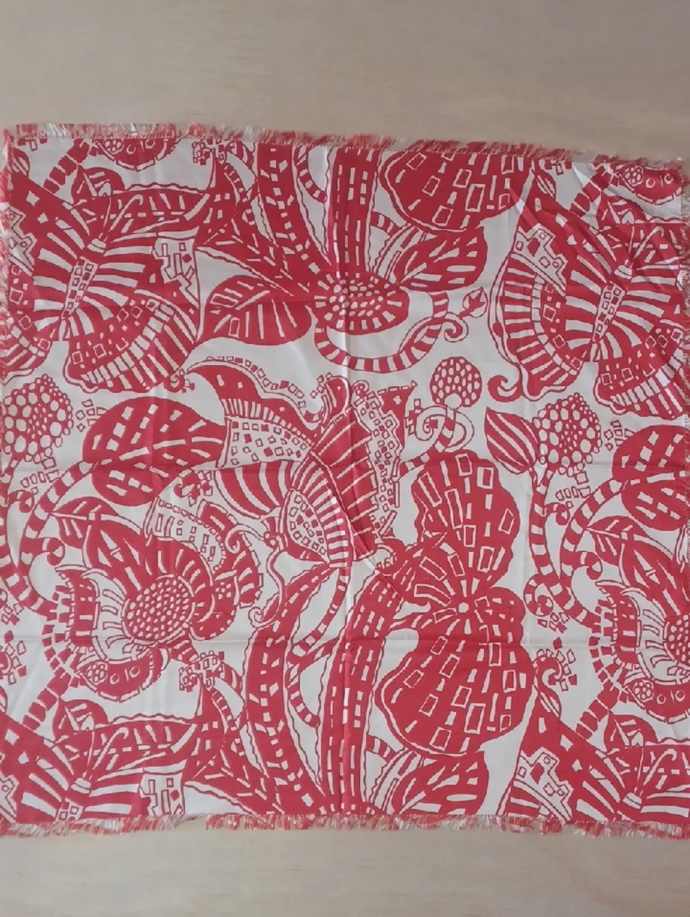 Vintage Thai Silk Scarf Star Of Siam Red White Mod Floral Resort Fringe 24×24